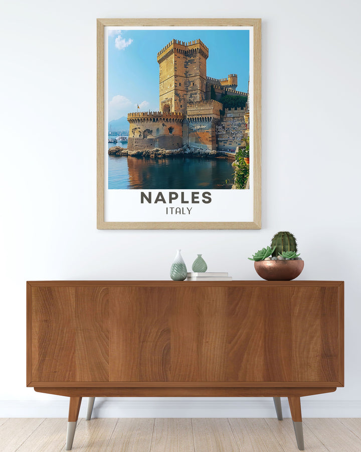 NAPLES Art Print highlighting the cultural richness and scenic beauty of Naples Italy with Castel dell Ovo in the distance. A perfect gift for travel lovers and art enthusiasts. Great for enhancing any living space.