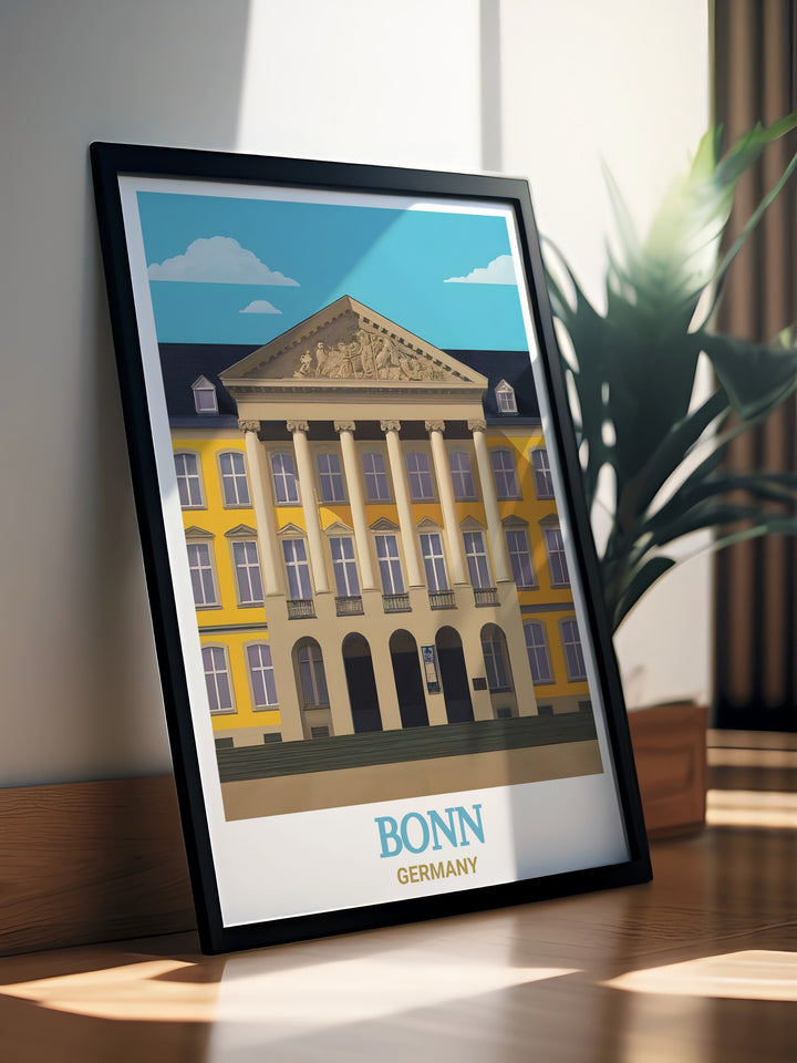 This Bonn poster print showcases the University of Bonns architectural beauty, capturing its neoclassical design and academic significance. A perfect gift for students, scholars, or travelers, this Germany print brings the charm of Bonns university to life.