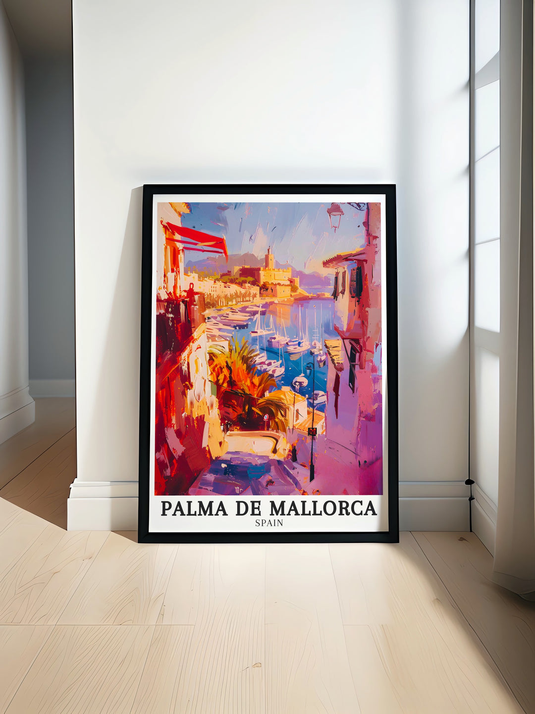 Detailed Paseo Marítimo print featuring the vibrant promenade and the tranquil Palma Bay in Palma de Mallorca. This artwork beautifully showcases the blend of activity and relaxation that defines this iconic Spanish city, ideal for Spain wall art lovers