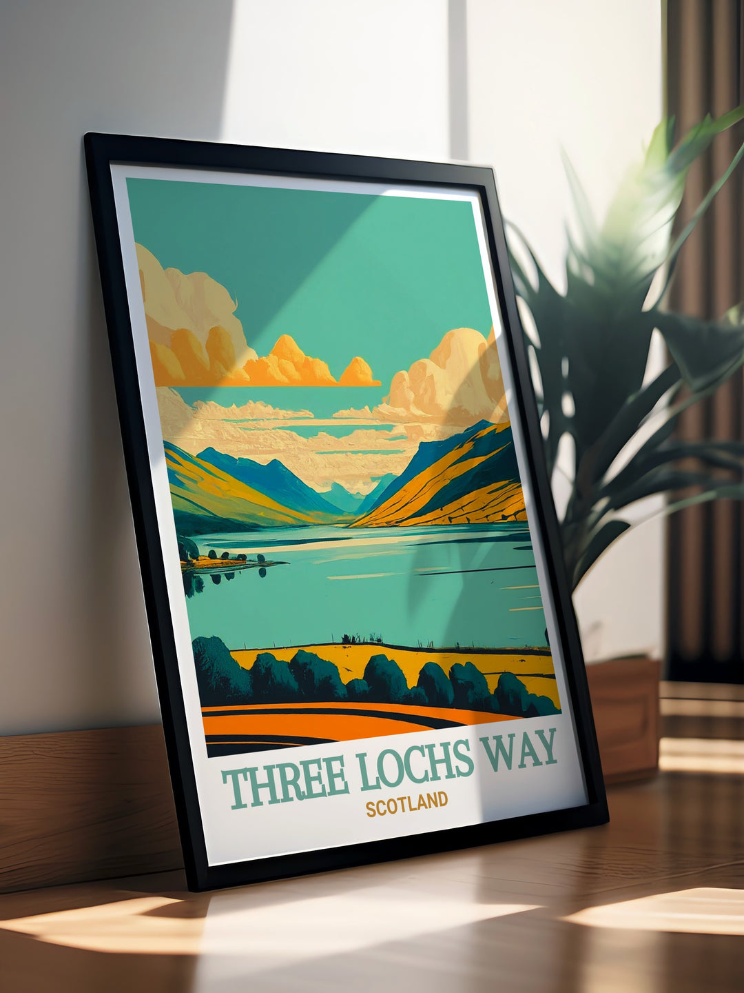 Immerse yourself in the majesty of Scotlands great outdoors with this Loch Long travel print, featuring stunning views of the loch and the iconic Three Lochs Way hiking trail. This framed art piece is ideal for those who love nature and the Scottish Highlands.