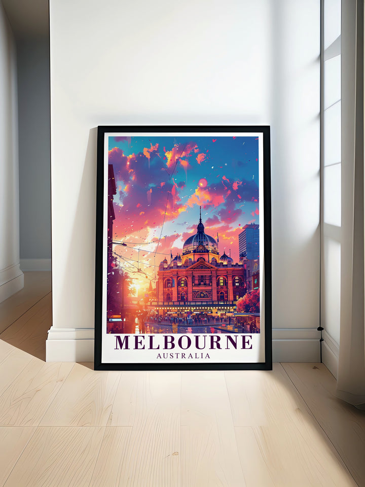 Celebrate the charm of Melbourne with this Melbourne Travel Print, featuring the citys iconic Flinders Street Station. Whether youve visited Melbourne or dream of going one day, this framed art makes the perfect addition to your wall decor.