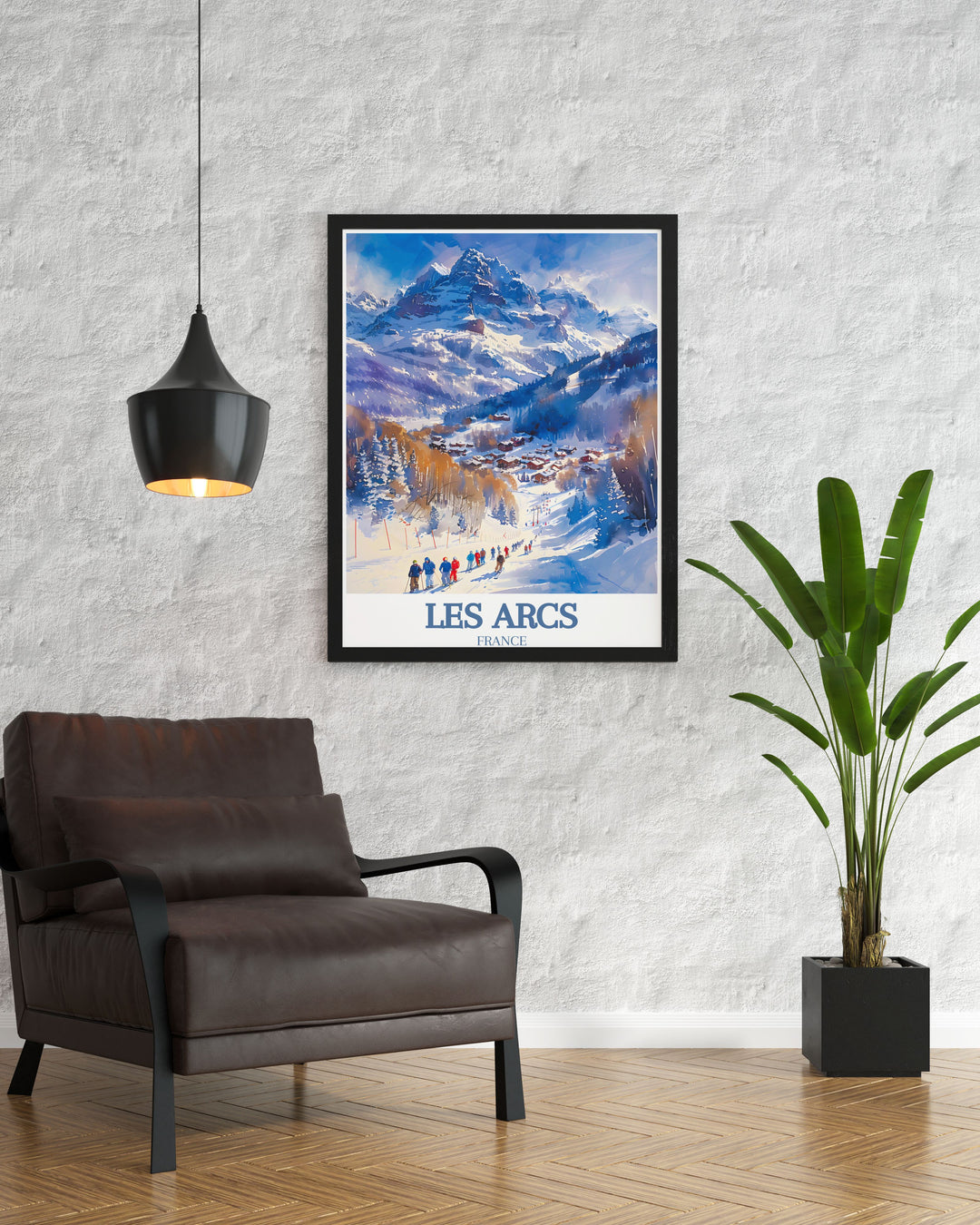 Retro Ski Poster showcasing Les Arcs in Paradiski ski area Mont Blanc with a nostalgic design evoking classic ski resort advertisements blending history and modern snowboarding art