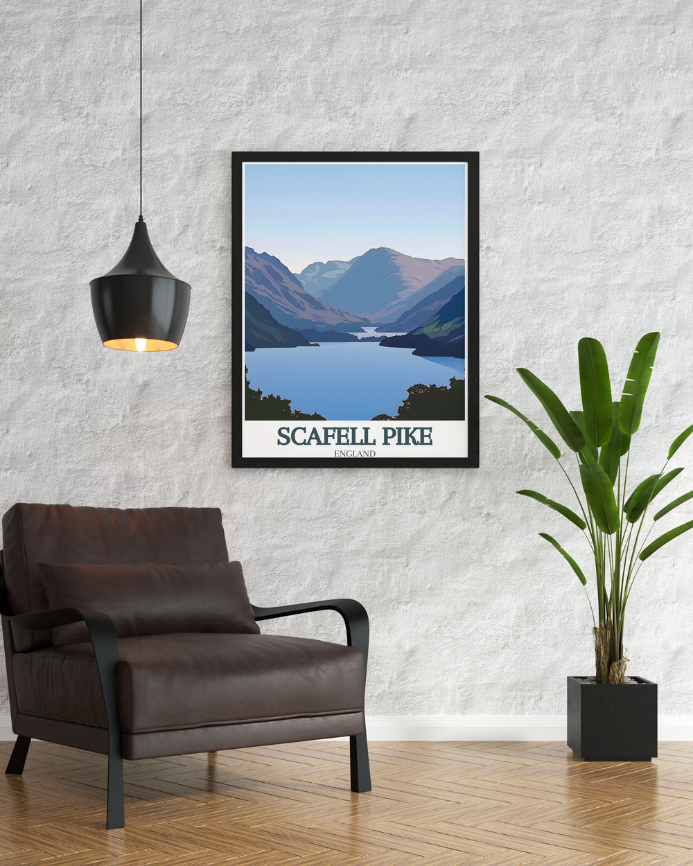 Beautiful travel print of Scafell Pike featuring Wastwater lake in the Lake District capturing the natural beauty of Englands highest peak and the serene waters below ideal for adding a touch of nature to any home decor.