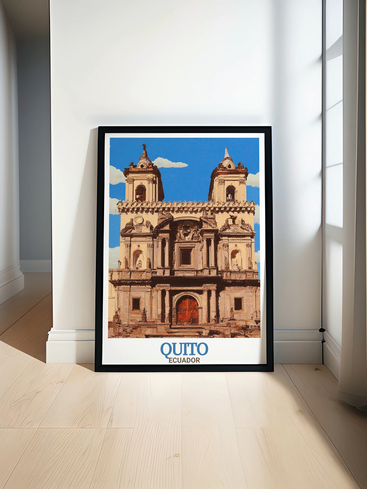 Quito Print featuring the exquisite La Compañía de Jesús Church, a symbol of Ecuadors colonial artistry and cultural significance. This framed art is perfect for history lovers and world travelers.