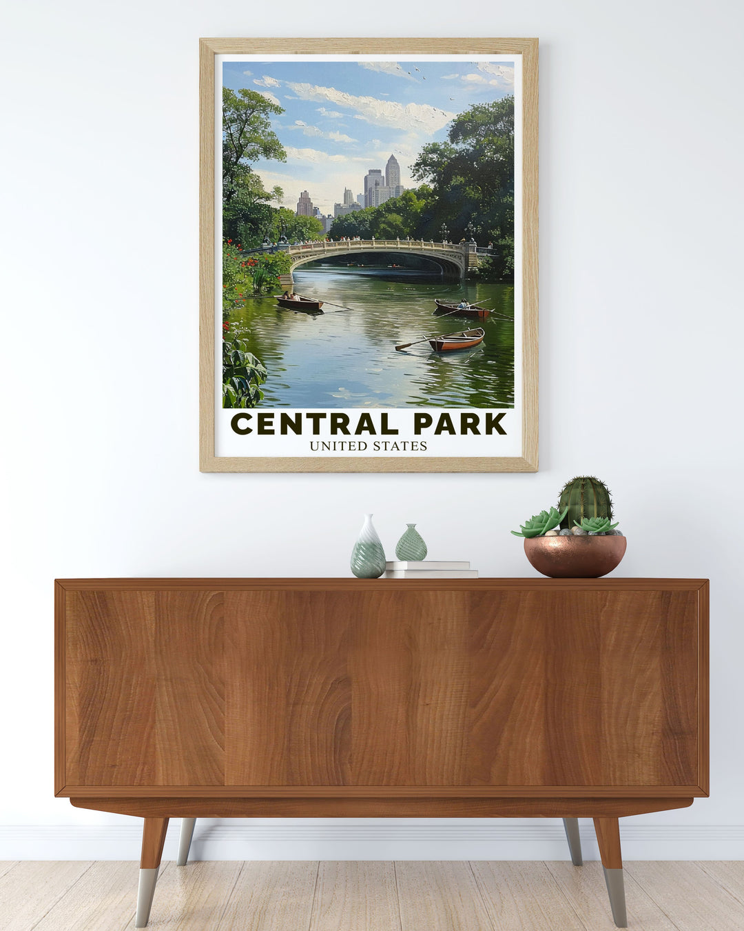 Highlighting the iconic presence of Bow Bridge and the serene beauty of Central Park, this travel poster is perfect for those who appreciate the natural and cultural richness of New York City.