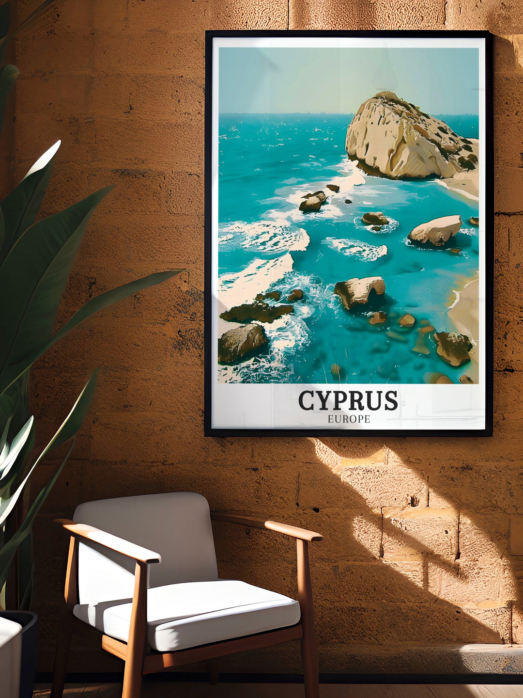 This Aphrodites Rock poster print showcases the stunning beauty of Cyprus iconic landmark, believed to be the birthplace of the goddess Aphrodite. Capturing the sunset over the turquoise Mediterranean waters, this art print brings the magic of Cyprus coastal landscape into any home.