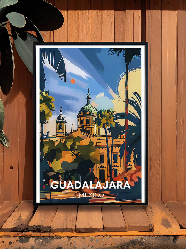 An intricate depiction of Guadalajaras vibrant street art, this poster captures the colorful and lively atmosphere of the city, ideal for enhancing any space with a touch of Mexican charm.