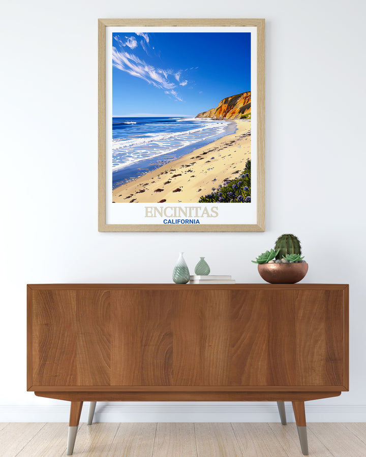 Encinitas poster print captures the essence of Californias beach culture, featuring Swamis Beach with its golden sands and famous surf breaks. This travel print brings the vibrant energy of the California coast into your home and makes an ideal personalized gift for beach lovers.