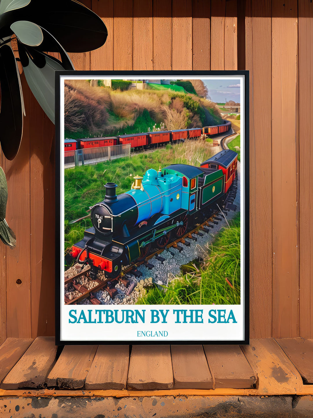 Saltburn Miniature Railway framed print showcasing the historic landmarks of Saltburn by the Sea including Saltburn Cliff Lift and Saltburn Pier a perfect way to bring a piece of Yorkshire into your living space