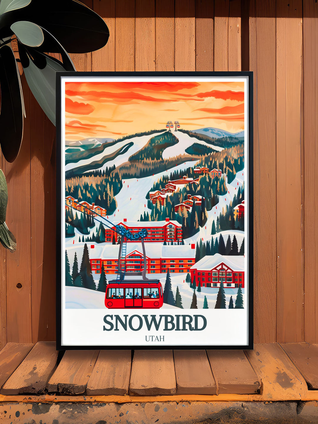 Snowbird Resort Aerial Tram wall art capturing the picturesque snow covered views of Park City Utah. The artwork features the trams sleek design against the dramatic winter landscape, adding a touch of modern elegance to your decor.