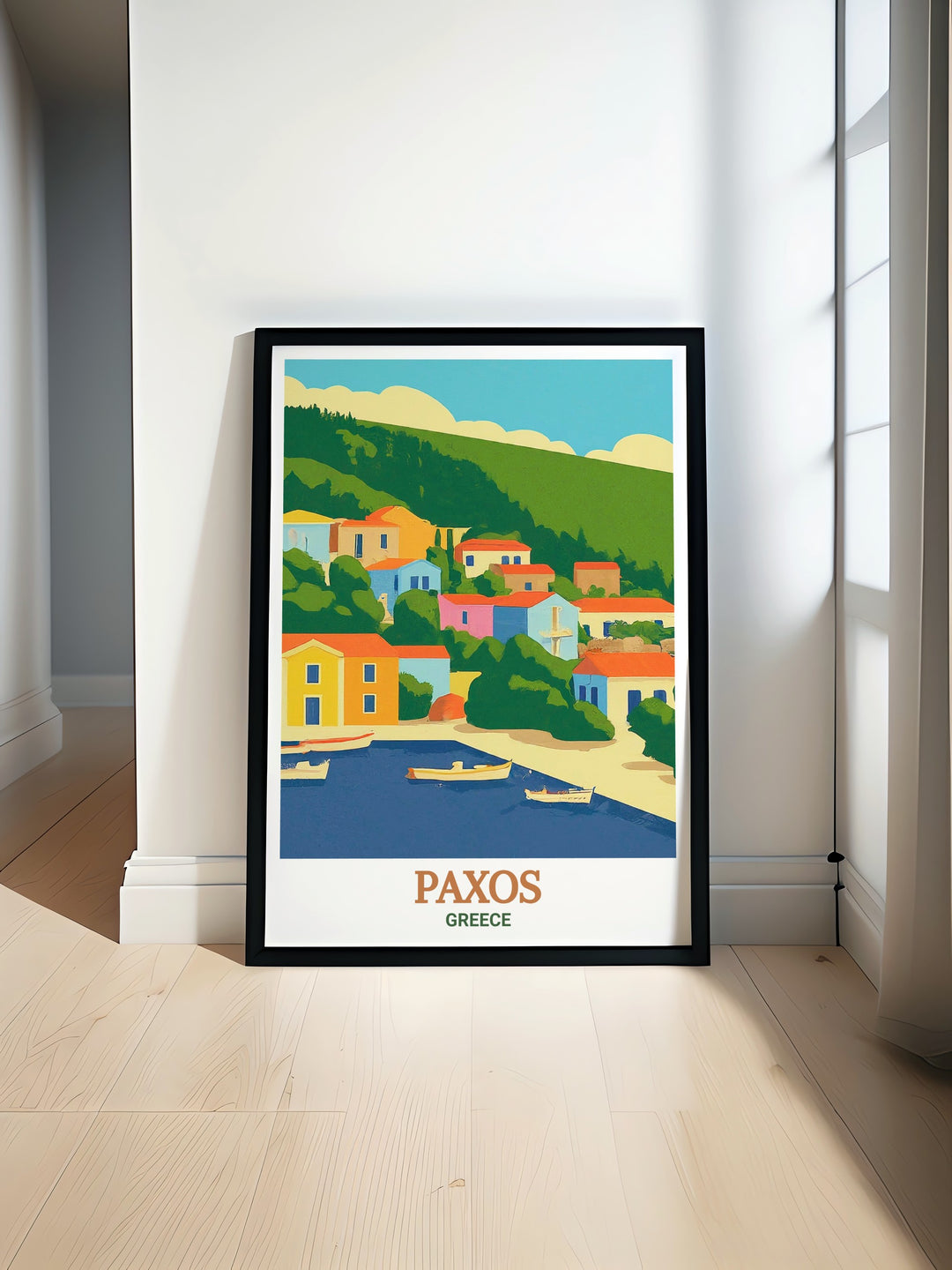 Paxos poster print featuring Loggos village brings the beauty of Greece island art into your home this vibrant Greece travel print is perfect for adding Mediterranean charm to your living room or office ideal for modern decor enthusiasts and art lovers