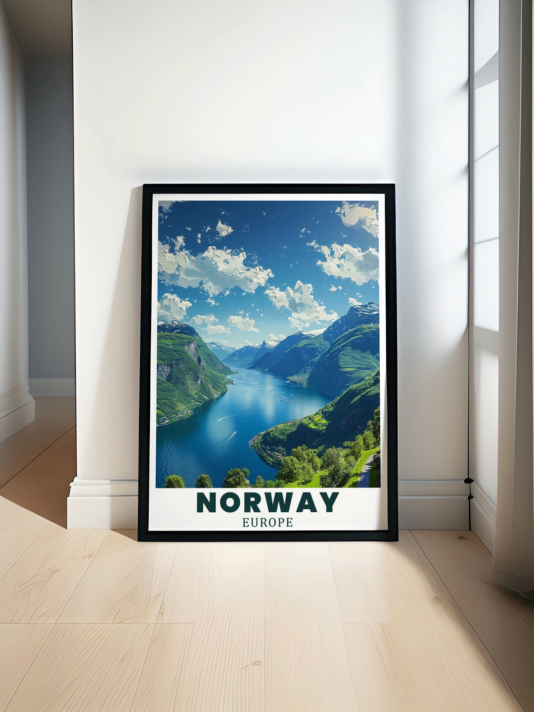 Flekkefjord poster showcasing Norwegian mountain views and charming streets ideal for modern home art and Bryggen Bergen stunning living room decor with Geirangerfjord elegant prints