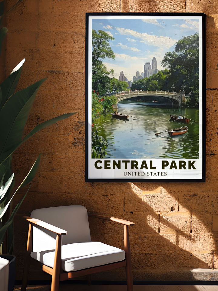 The captivating blend of architectural elegance and natural landscapes in Central Park and Bow Bridge is beautifully illustrated in this poster, making it a stunning addition to any wall art collection celebrating NYC.
