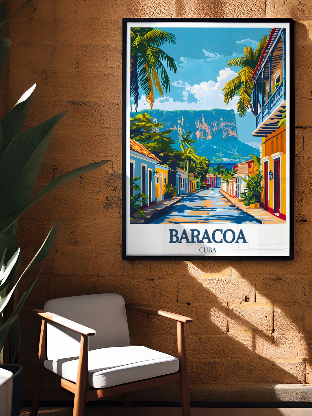 Detailed Cuba painting of Baracoas El Yunque Mountain and town, perfect for city art lovers. This print showcases the rich history and vibrant energy of Baracoa, making it an ideal piece for those who appreciate both culture and nature.
