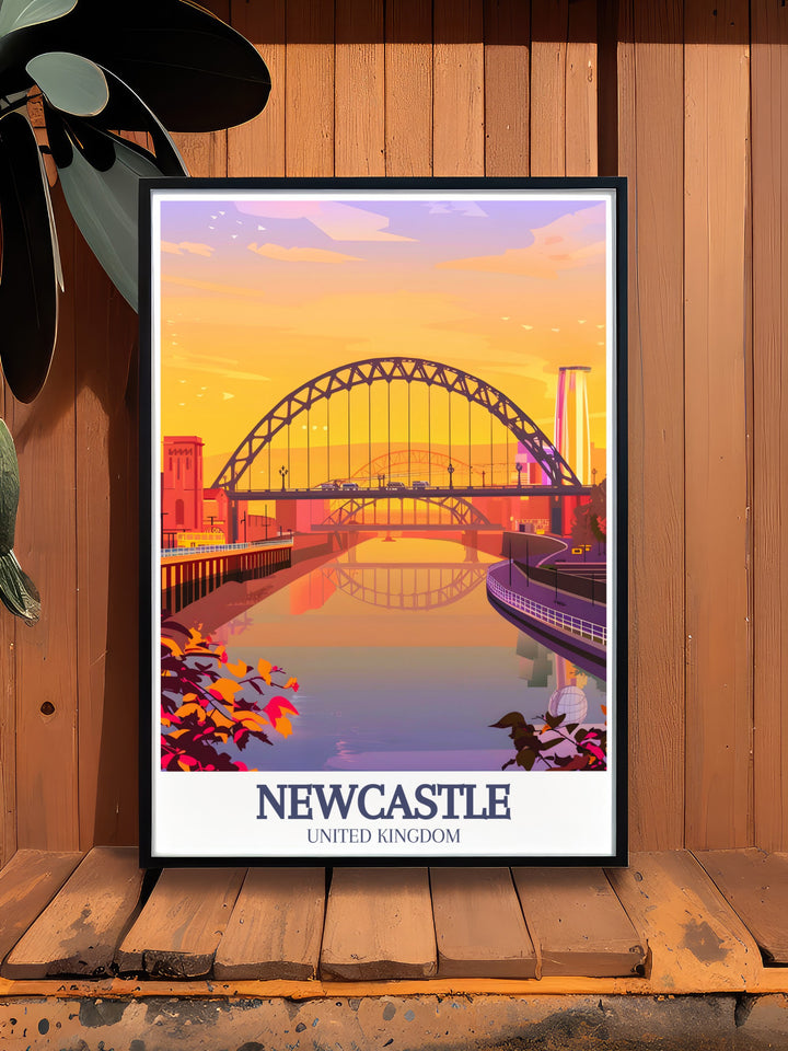 The Newcastle poster highlights both the Tyne Bridge and Gateshead Millennium Bridge in this detailed wall print. This travel poster is perfect for those who love UK travel gifts and decor, offering a beautiful representation of Newcastles iconic bridges.