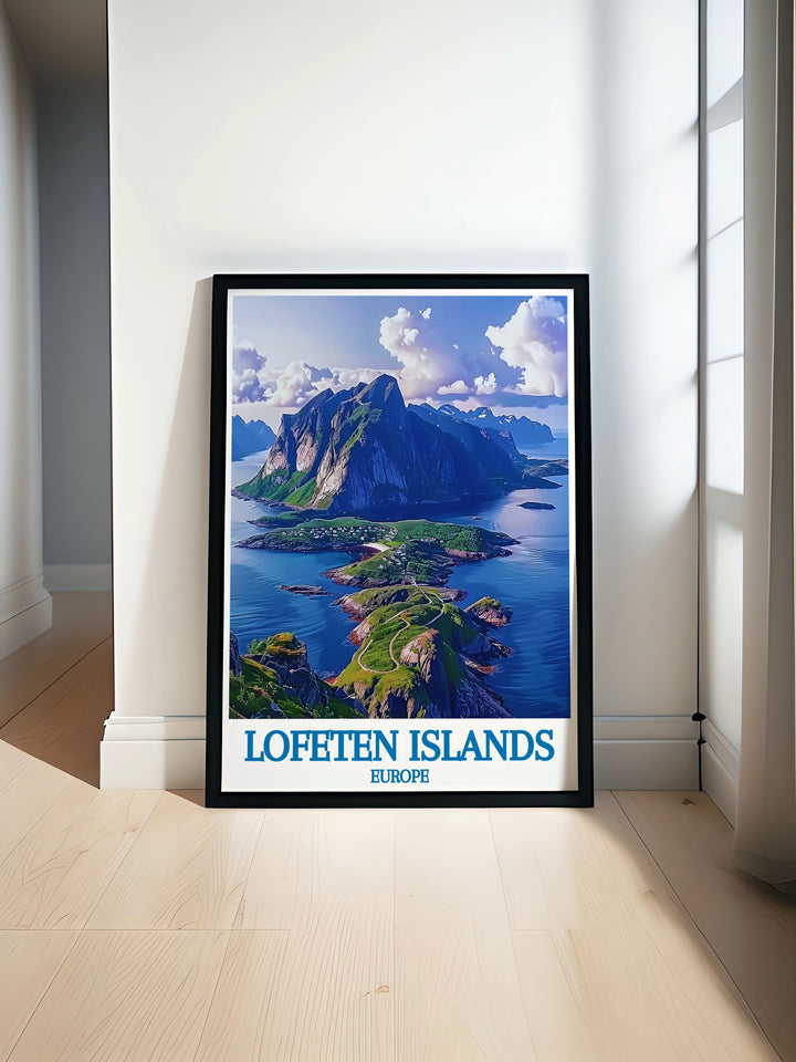 Vintage poster of the Lofoten Islands, Norway, capturing the classic charm of Reinebringen. The artwork features the dramatic mountain scenery, the peaceful village of Reine, and the clear fjord waters, evoking the timeless appeal of Norways coastal heritage.