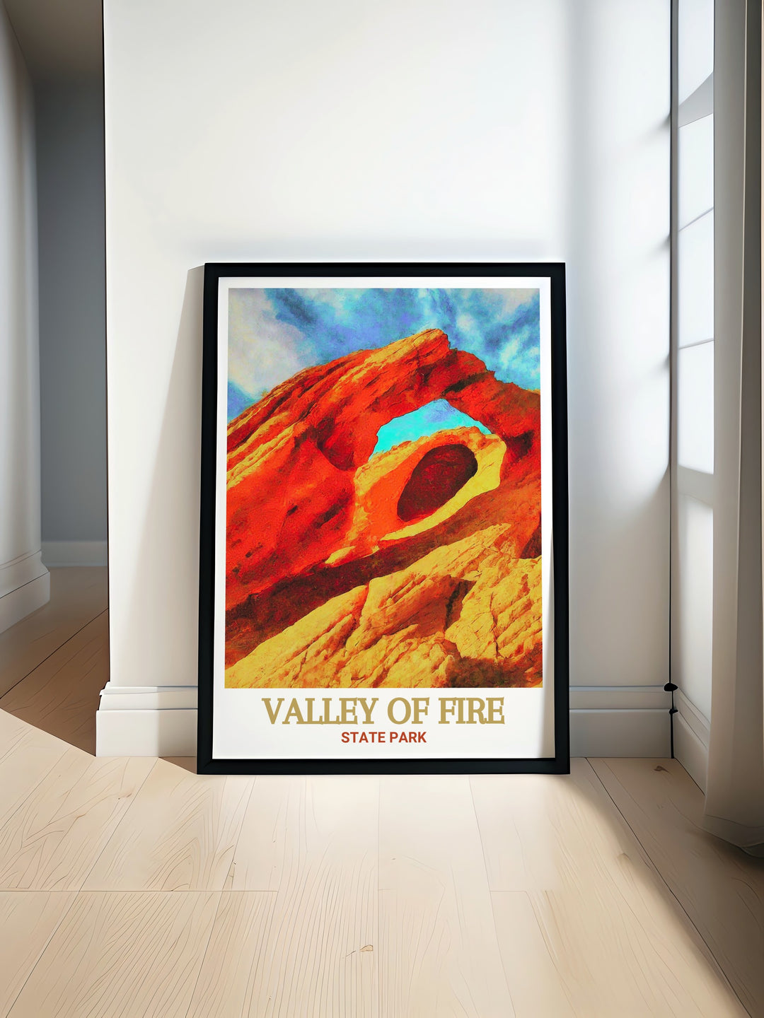 Nevada travel print featuring Arch Rock in Valley of Fire State Park. The detailed artwork captures the vibrant colors and unique features of this famous landmark, making it an ideal gift for nature enthusiasts and art lovers.