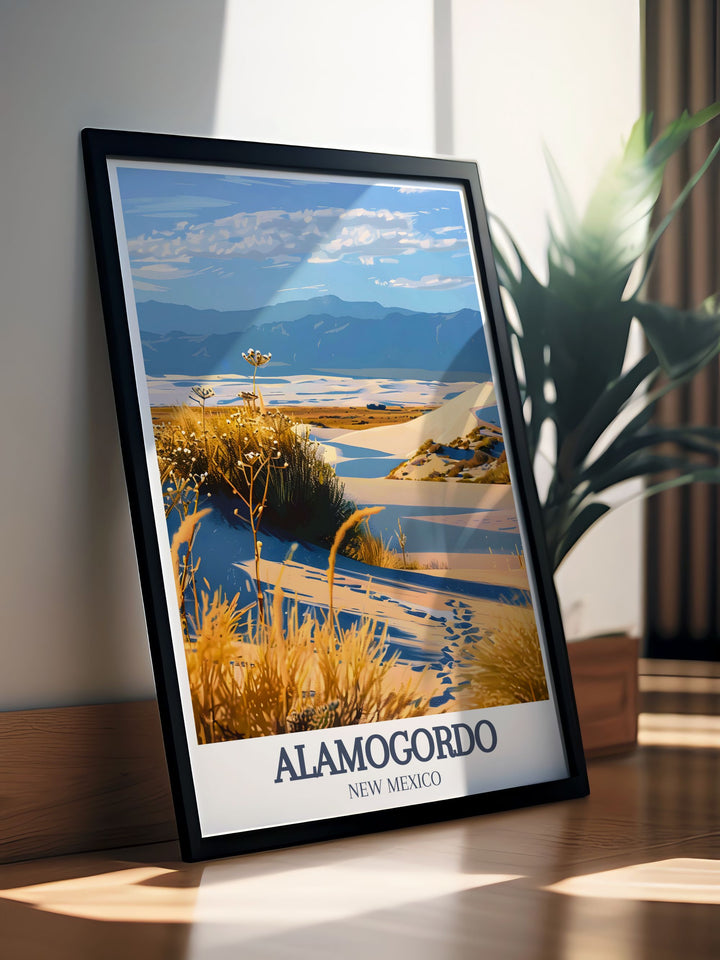 Alamogordo art print featuring White Sands National Park and White Sands Missile Range a beautiful New Mexico travel poster ideal for home decor this piece highlights the vast desert scenery perfect for those who want to display their love for the Southwest.