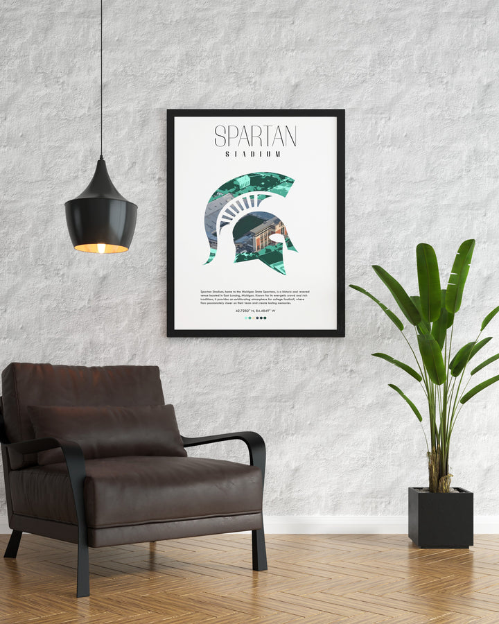 Retro college poster featuring Spartan Stadium in East Lansing a great addition to any dorm room or college football art collection