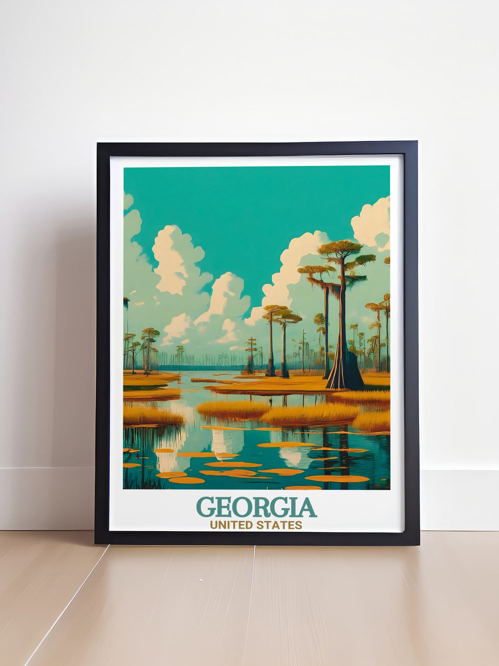 This Georgia travel print features Atlantas skyline and the natural beauty of Okefenokee Swamp. Perfect for adding a touch of urban energy and wilderness charm to your decor, this art print is ideal for lovers of Georgias diverse landscapes and unique culture.