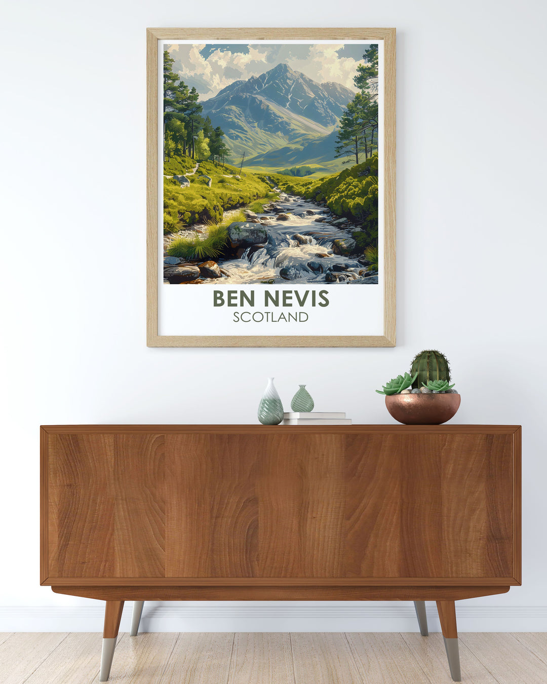 Retro Travel Poster of Glen Nevis Valley bringing a vintage charm to your decor while showcasing the beauty of this scenic valley and Ben Nevis Mountain