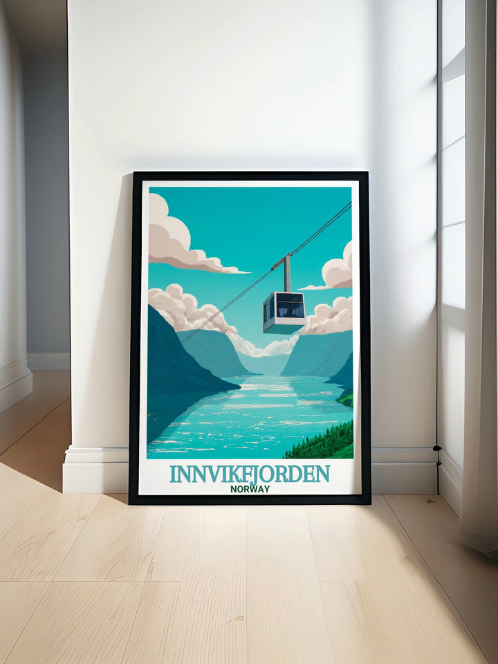 Stunning travel print of Loen Skylift showcasing the tranquil waters and majestic fjord cliffs of the Norwegian Fjords perfect for bringing Norway landscape and Nordic scenery into your home