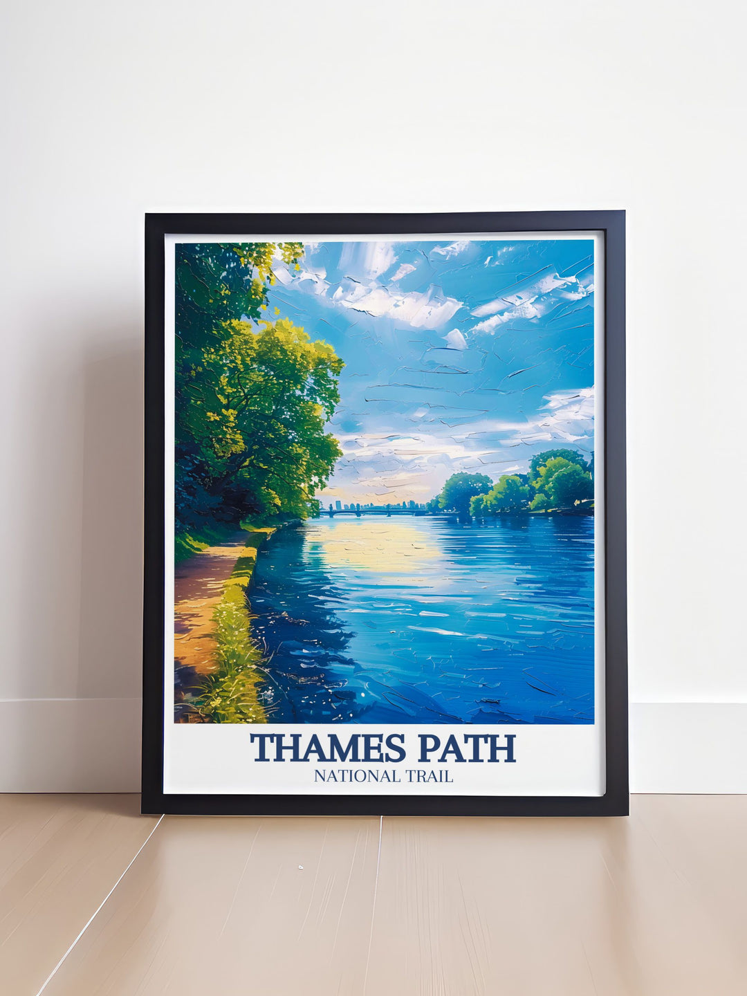Detailed River Thames travel poster featuring the Thames Barrier and the scenic Thames Path in Richmond a wonderful piece of art that inspires travel and adventure ideal for decorating living spaces