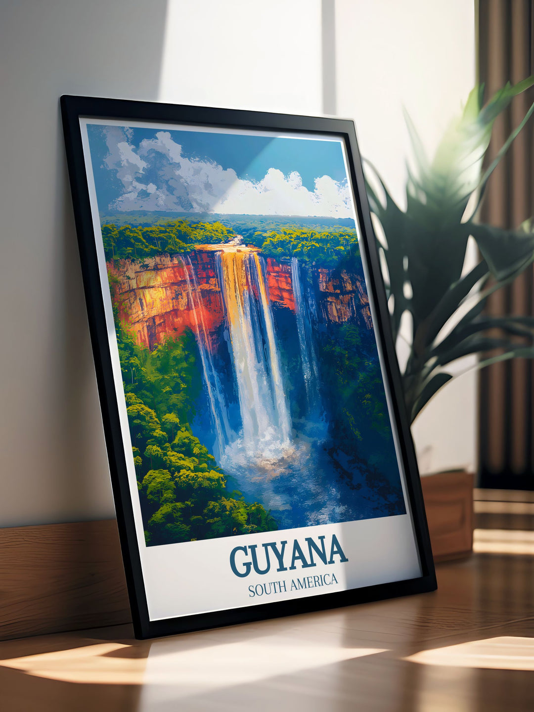This art print of Guyana features the powerful Kaieteur Falls and vibrant Amazon basin, providing a detailed and picturesque view of one of South Americas most beautiful regions.