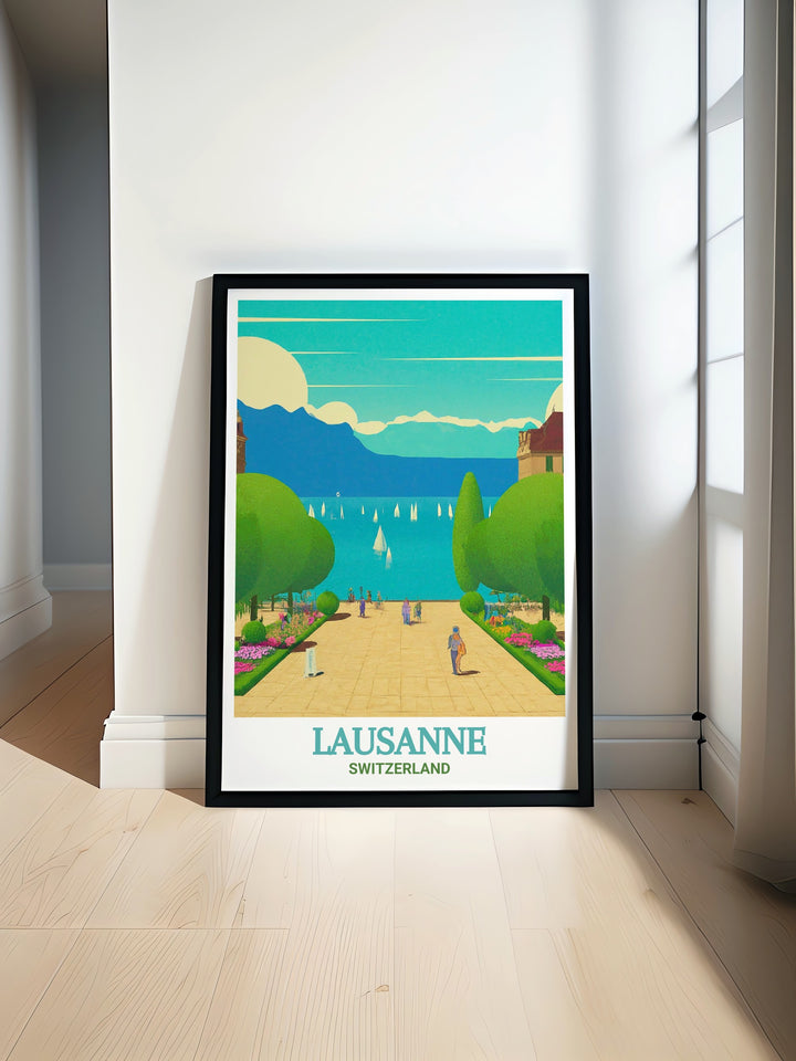 This detailed print of Lausannes Ouchy Promenade showcases the tranquil pathways along Lake Geneva, bringing the peaceful charm of Switzerland into your home or office decor.