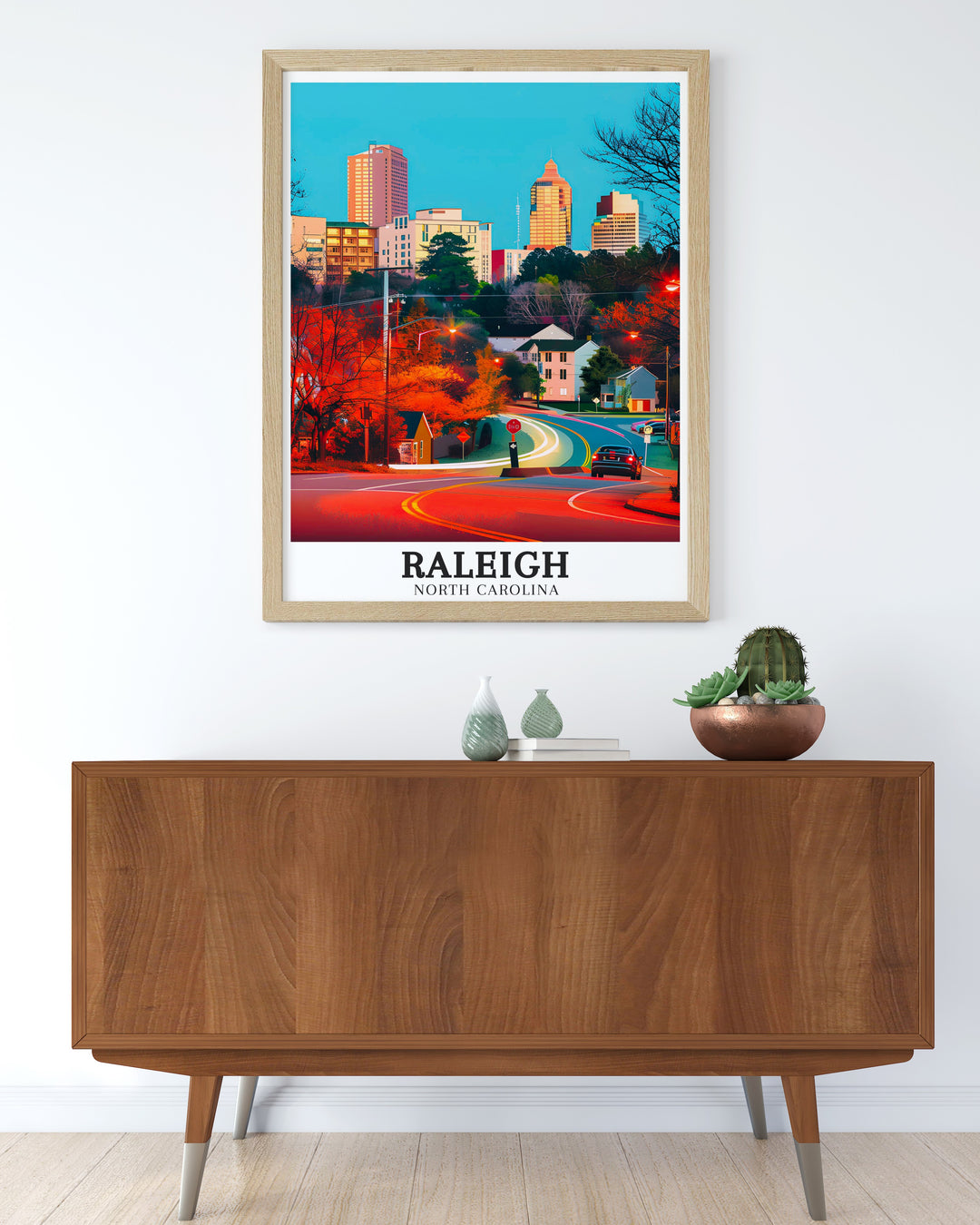 Elegant Raleigh skyline artwork showcasing the citys impressive architecture and the pioneering Research Triangle. The detailed print offers a window into Raleighs growth and the regions contributions to science and education, making it a cherished piece for any lover of North Carolina art