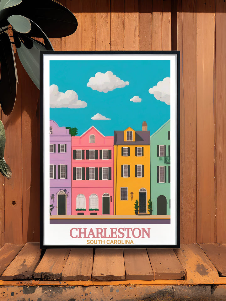 Beautiful Rainbow Row wall art showcasing the vivid colors and historic charm of Charlestons famous houses ideal for personalized gifts and unique home decor that celebrates the citys heritage