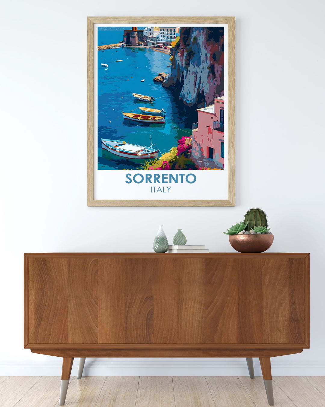 Italy travel print showcasing the serene beauty of Sorrento Italy with Marina Grande mountain and picturesque harbor. Ideal for creating an inviting and artistic atmosphere in your living space this Sorrento art print is a stunning addition to any home decor collection.