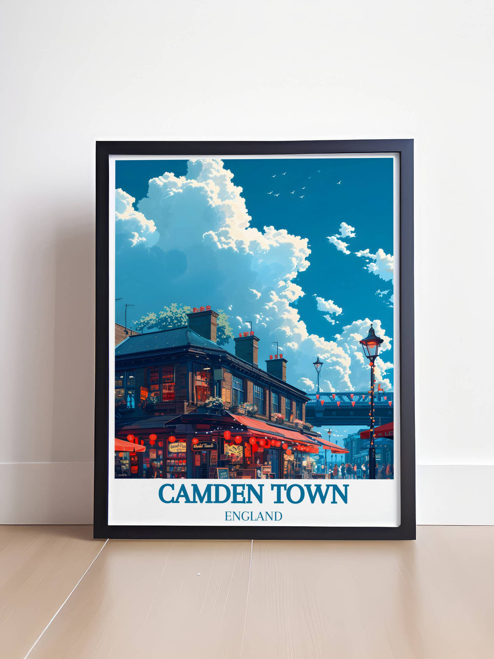 Stunning Camden Market artwork featuring a detailed depiction of the bustling Camden Market and serene views from Primrose Hill an ideal piece for those who appreciate the charm of vintage travel prints and want to bring the spirit of London into their space.