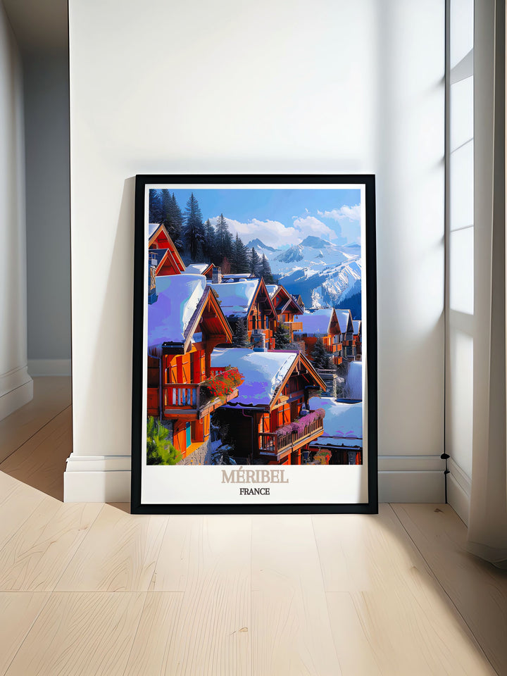 Showcasing both Méribel and Méribel Village, this travel poster captures the unique blend of thrilling snowboarding and peaceful village life, perfect for enhancing your living space with alpine charm.