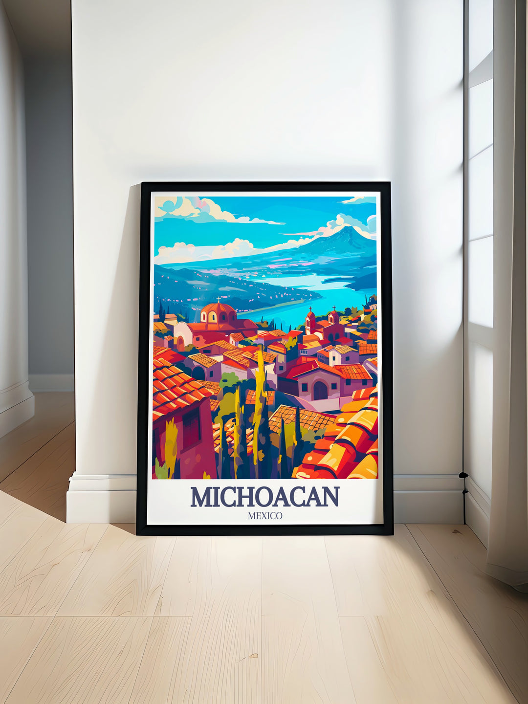 Featuring Paricutín Volcano and Patzcuaro Lake, this Michoacán travel print showcases the natural beauty of Mexico in a vintage inspired design. Ideal for guest spaces or home décor, this poster brings vibrant color and historic landmarks into your living environment.