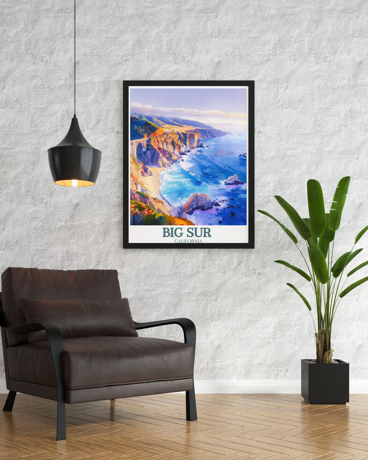 Big Surs vibrant cliffs and the picturesque Bixby Creek Bridge are illustrated in this travel poster, offering a perfect blend of natural beauty and architectural elegance.