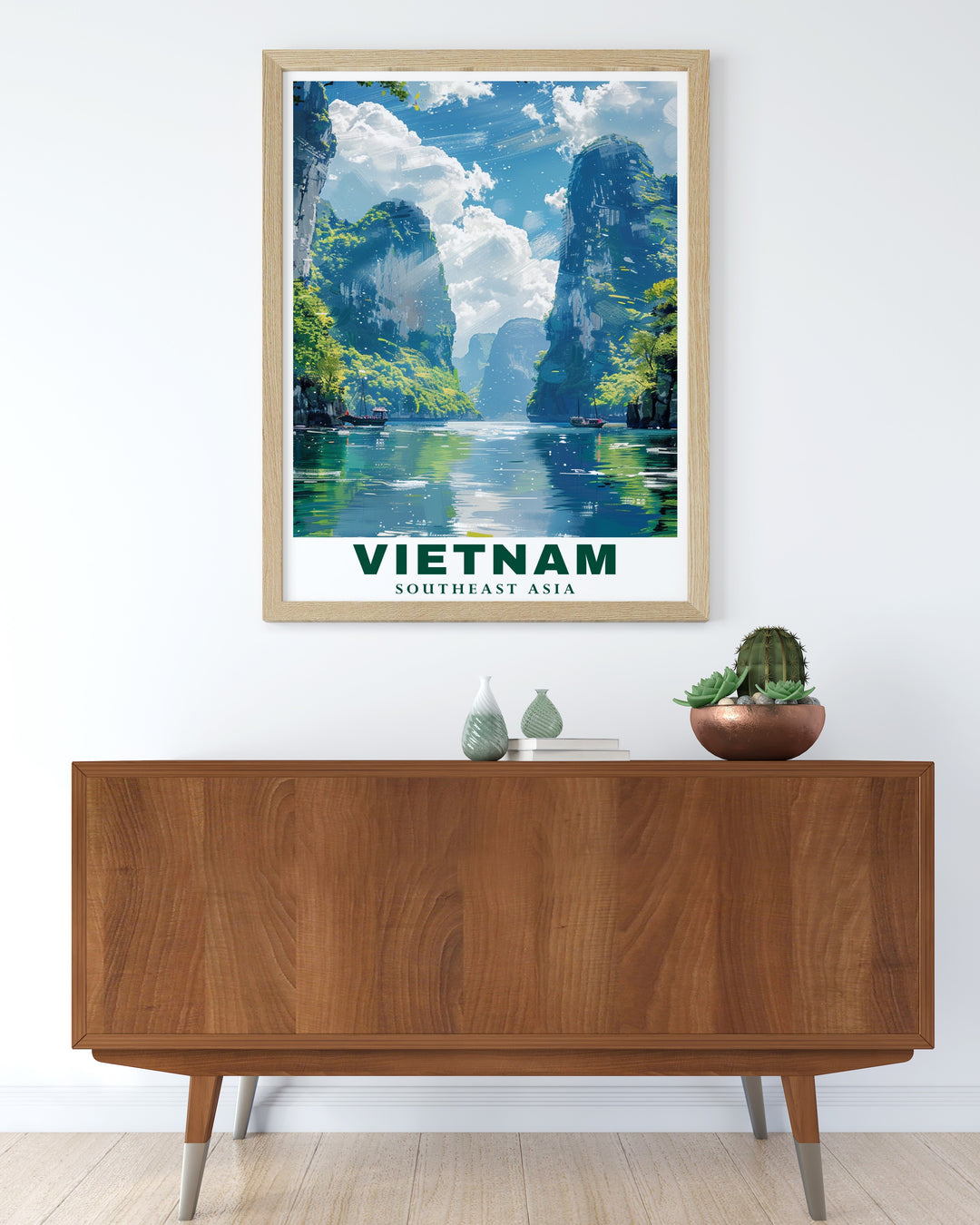 Ha Long Bay Wall Poster displaying the dramatic limestone formations of Vietnams famous bay. This art piece makes an ideal gift for travelers and nature lovers, bringing the calm beauty of Ha Long Bay into your home or office.