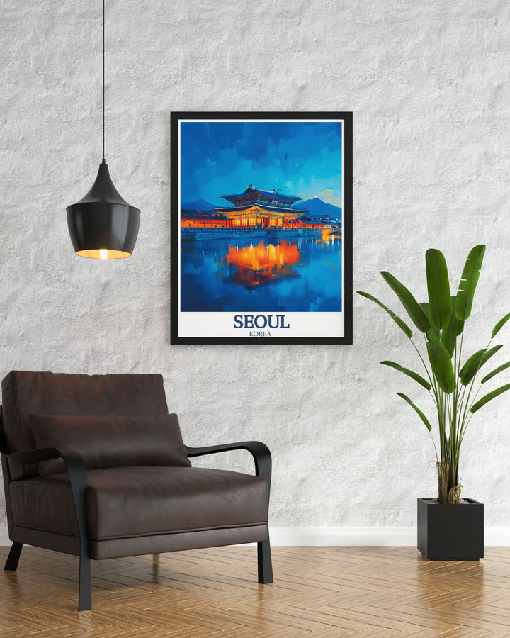 Detailed Seoul Photograph of Gyeongbokgung Palace and Han River perfect for wall decor and gifts capturing the cultural richness and natural beauty of South Korea a great addition to any home or office space bringing the spirit of Seoul to life