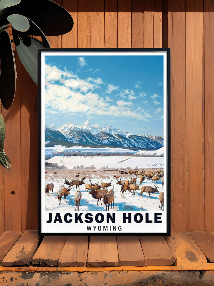 This Jackson Hole travel print showcases the best of Wyoming, from the rugged peaks of the ski resort to the peaceful expanses of the National Elk Refuge. Perfect for outdoor enthusiasts, this poster adds a touch of nature and adventure to any living space.