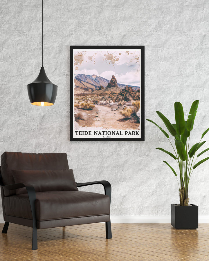 Bring the breathtaking beauty of Teide National Park into your home with this detailed travel print featuring Pico Viejo and Cañadas Caldera. The vibrant colors and intricate details highlight the volcanic terrain and vast caldera, perfect for adding a touch of Spains natural splendor to your space.