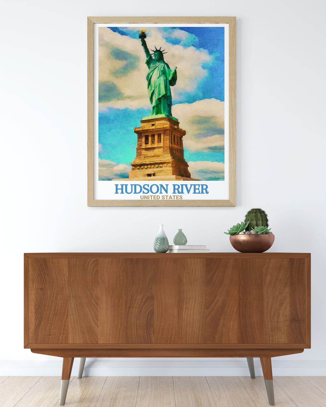 A stunning Hudson River poster print featuring the iconic Statue of Liberty. This New York travel print captures the scenic beauty of the Hudson River with the majestic Statue of Liberty standing tall in the distance, perfect for home décor or gifts.