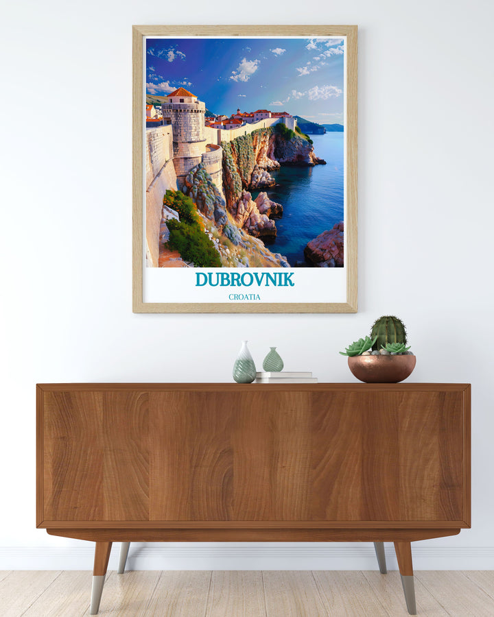 Vintage travel poster of Dubrovnik, capturing the timeless charm and breathtaking beauty of Croatias coastal city and its ancient fortifications.