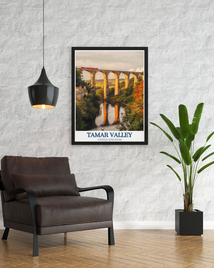 Explore the beauty of Calstock Viaduct and Morwell Rocks with this stunning vintage travel print showcasing the scenic Tamar Valley AONB. Perfect for adding an elegant touch to any modern home decor and a must have for nature lovers and art enthusiasts.