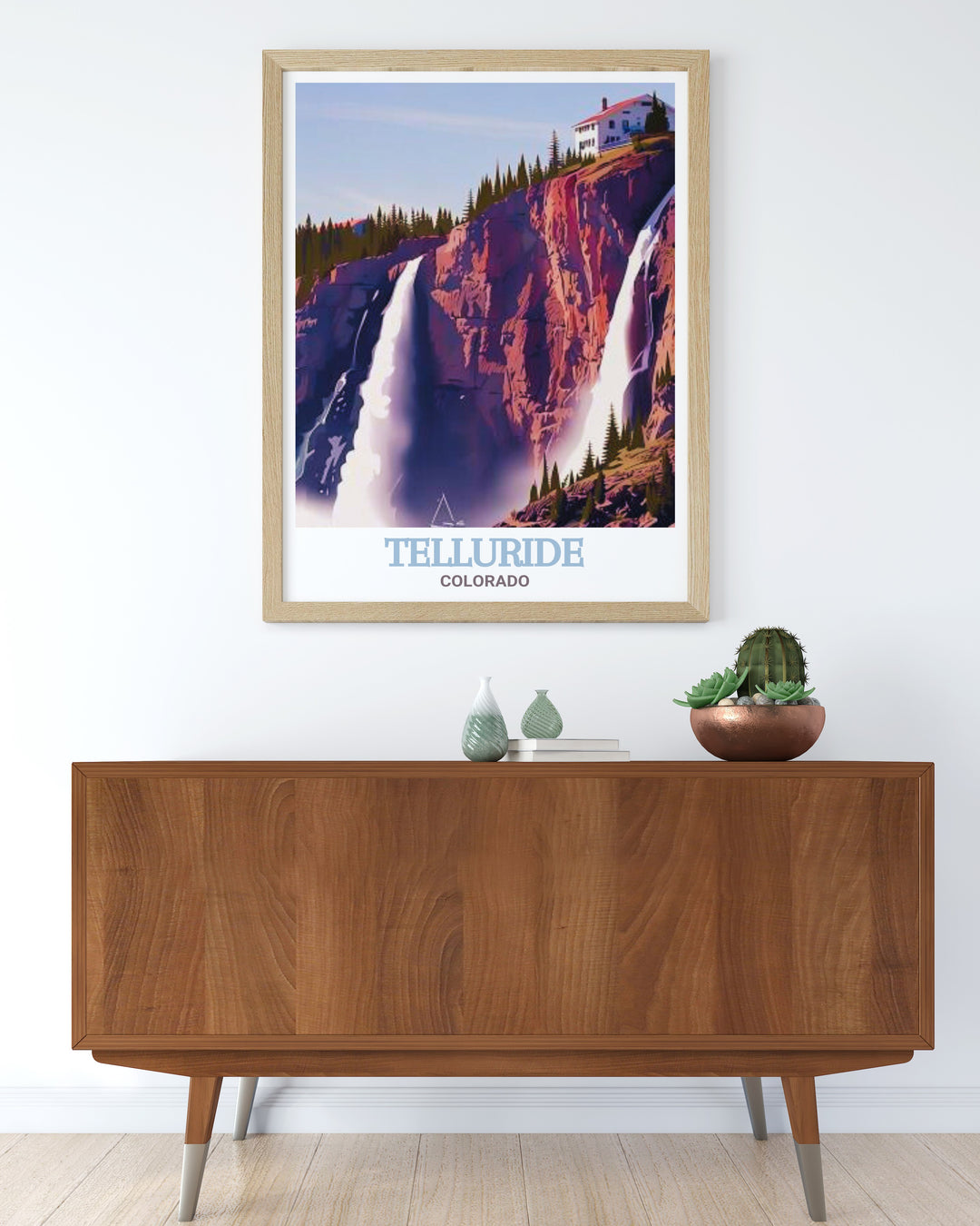 Add a touch of nature to your décor with this Telluride art print featuring Bridal Veil Falls. Perfect for those who love to travel and appreciate stunning landscapes, this artwork makes an ideal gift or personal treasure.