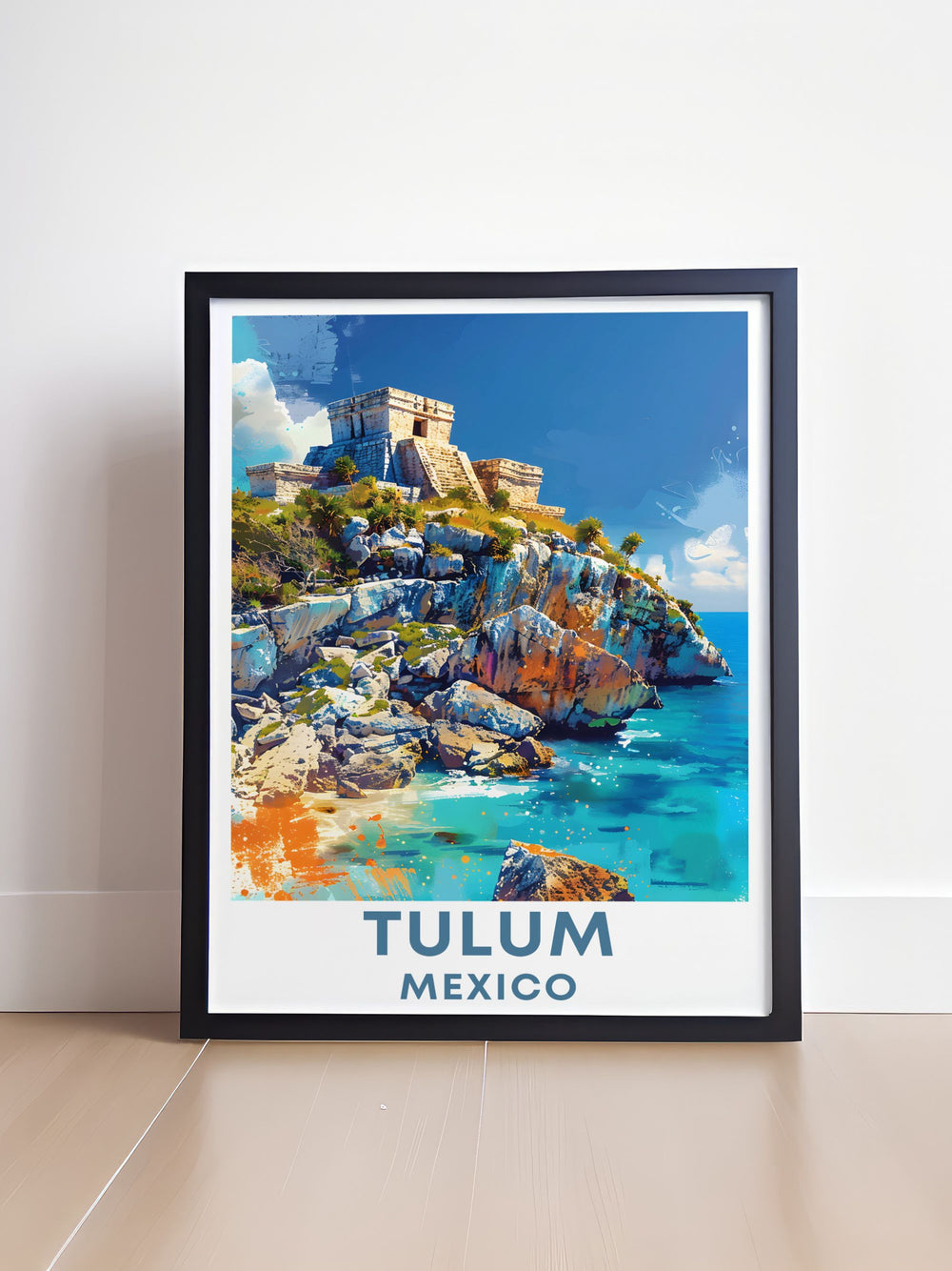 Highlighting the serene beauty of Tulum, this poster features ancient Mayan ruins overlooking the turquoise sea, ideal for those who love coastal and historical destinations.