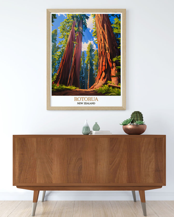 Redwoods Forest vintage print showcasing the timeless beauty of Rotorua New Zealand. A perfect addition to any art collection and an excellent gift for nature enthusiasts. This print brings a vintage charm to your home decor.