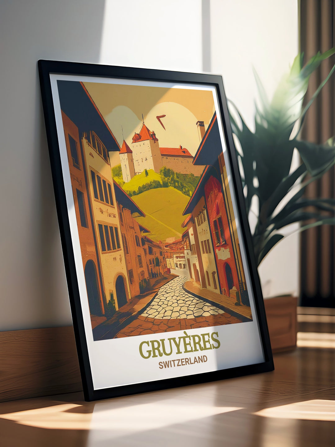 Gruyeres Medieval Town stunning living room decor featuring a vibrant and detailed illustration of the historic Swiss town. This wall art is perfect for creating a cozy and elegant atmosphere in your home.