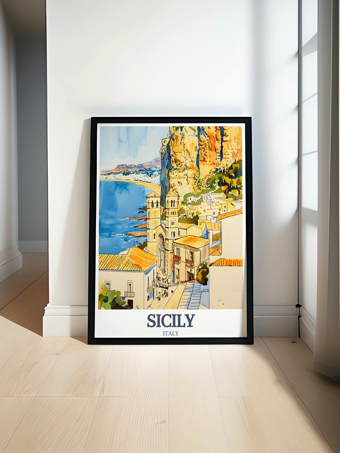 Add a touch of Sicily to your space with this vibrant Cefalù poster. La Rocca looms in the background, while the towns rich history and colorful charm are depicted in fine detail, making it ideal for home decor or as a travel inspired gift.