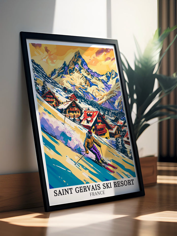 The serene landscapes of the Evasion Mont Blanc ski area are brought to life in this wall art, making it an ideal addition to a cozy living room or a sophisticated office space. This print captures the peaceful yet powerful essence of the French Alps.