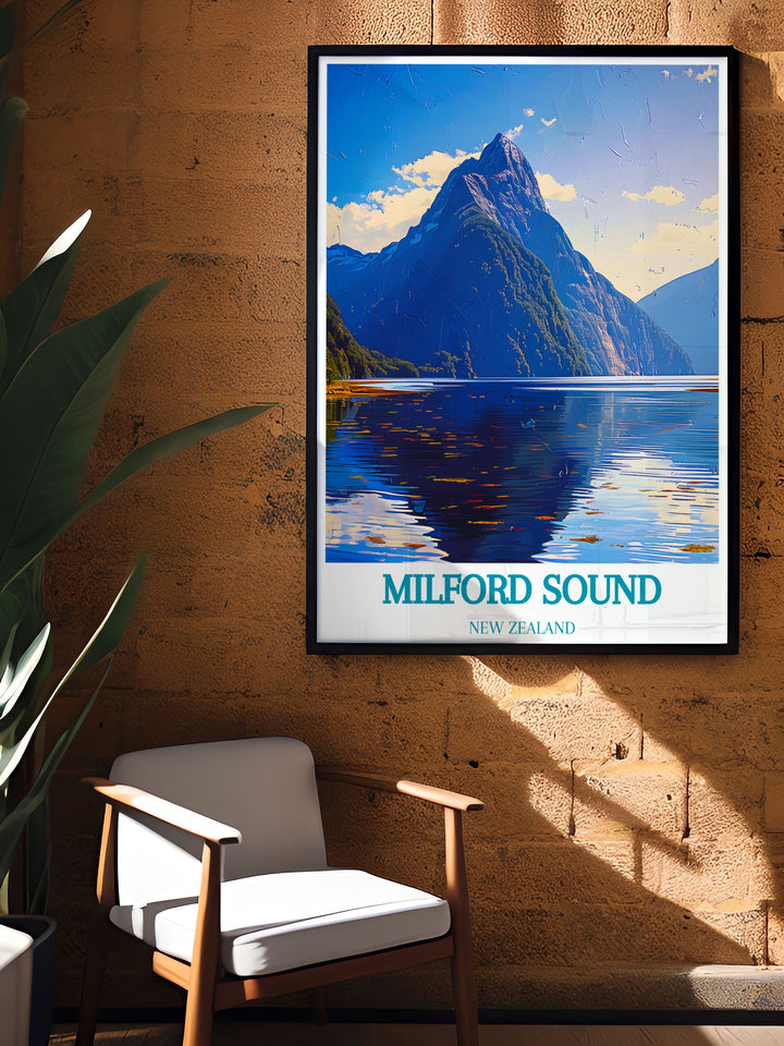 Mitre Peak artwork in Milford Sound print, capturing the grandeur of the iconic peak and the stunning fjord. A beautiful nature poster for anyone looking to enhance their home with elegant decor.